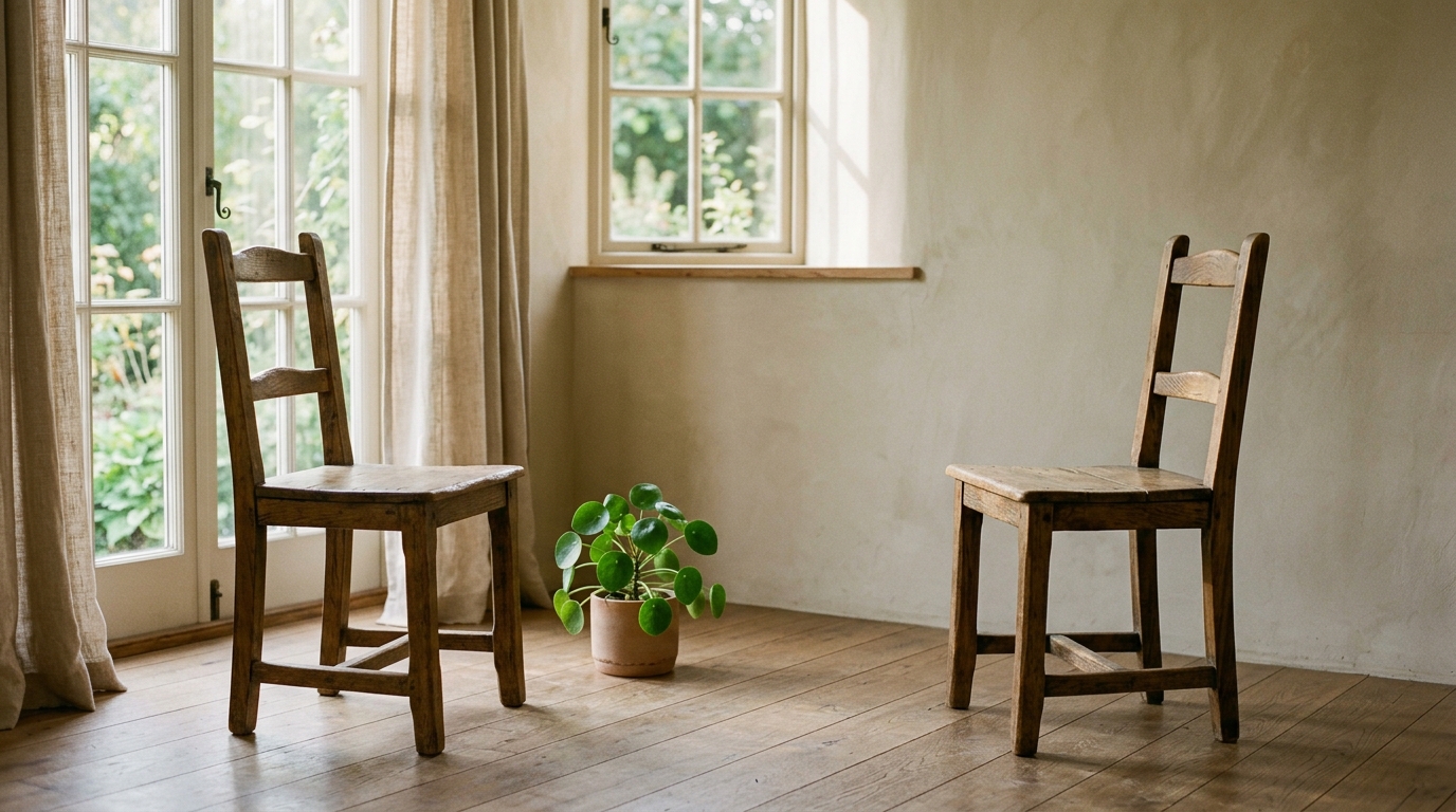 Two empty wooden chairs in a quiet sunlit room with warm morning light streaming from a window