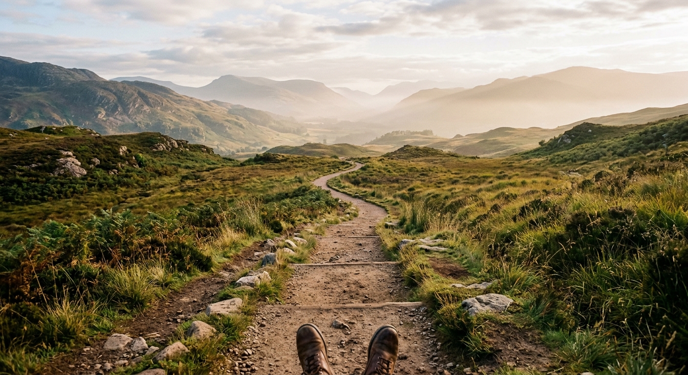 Contemplative path winding peacefully forward in natural morning light